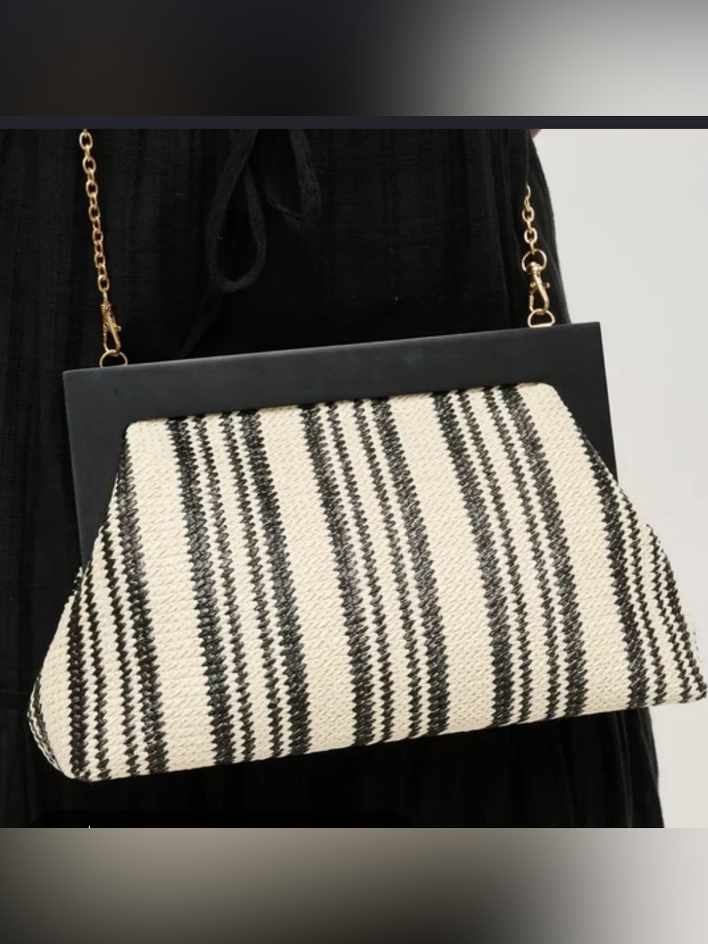 Urban Expressions Black and Cream Striped Woven Clutch with Gold Chain